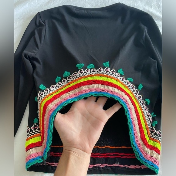 Alice & Olivia-Black Longsleeve Delania Crop Top w/ Neon Multicolor Embroidery - Picture 6 of 12